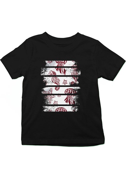 Yüzen Deniz Atı Deniz Anası ve Yıldızı Siyah Unisex Çocuk Tişört T-Shirt