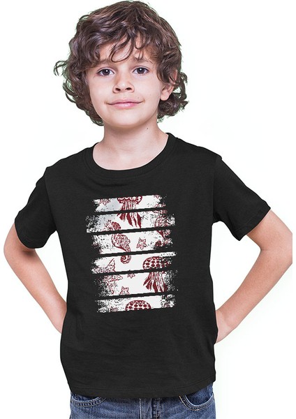 Yüzen Deniz Atı Deniz Anası ve Yıldızı Siyah Unisex Çocuk Tişört T-Shirt