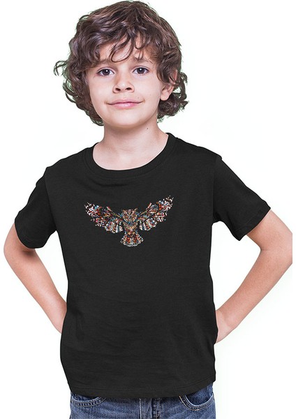 Renkli Kanatlı Baykuş Siyah Unisex Çocuk Tişört T-Shirt