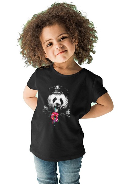 Polis Panda Siyah Unisex Çocuk Tişört T-Shirt