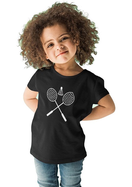 Badminton Siyah Unisex Çocuk Tişört T-Shirt