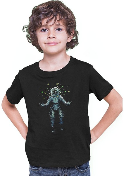 Astronot ve Kelebekler Siyah Unisex Çocuk Tişört T-Shirt