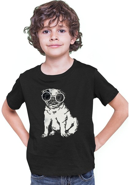 Güneş Gözlüklü Pug - Köpekler Siyah Unisex Çocuk Tişört T-Shirt modelleri