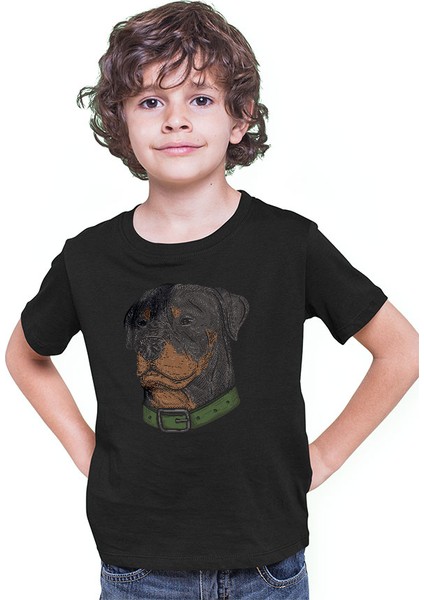 Asil Köpek Rottweiler Siyah Unisex Çocuk Tişört T-Shirt
