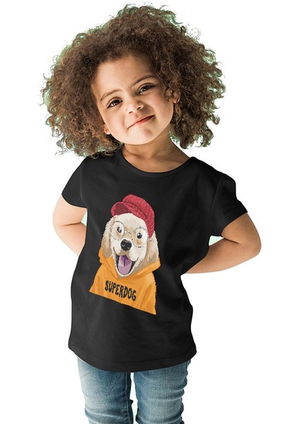 Süper Köpek Golden Retriever Siyah Unisex Çocuk Tişört T-Shirt