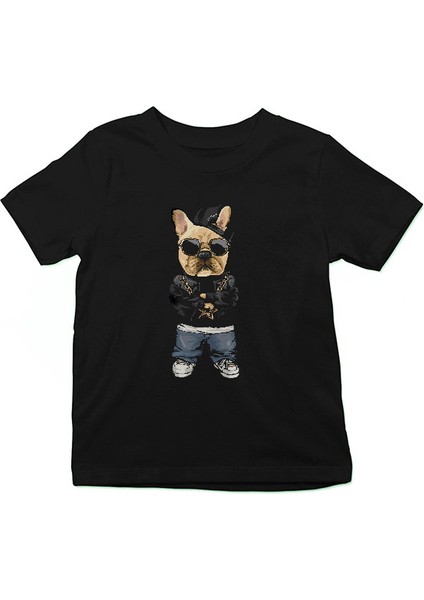 Rap Hip Hop Buldog Siyah Unisex Çocuk Tişört T-Shirt