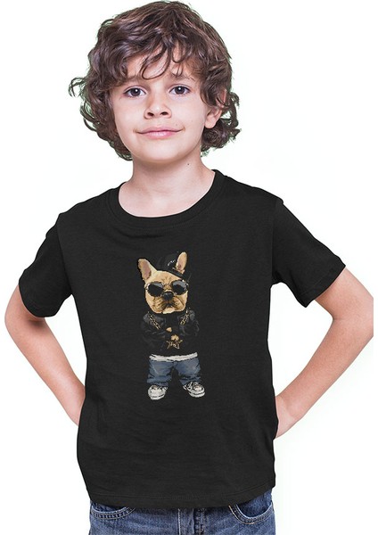 Rap Hip Hop Buldog Siyah Unisex Çocuk Tişört T-Shirt