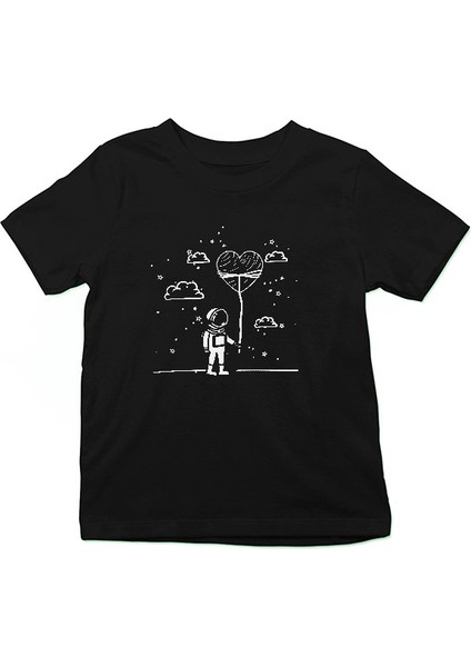 Kalpli Balon Tutan Astronot Siyah Unisex Çocuk Tişört T-Shirt