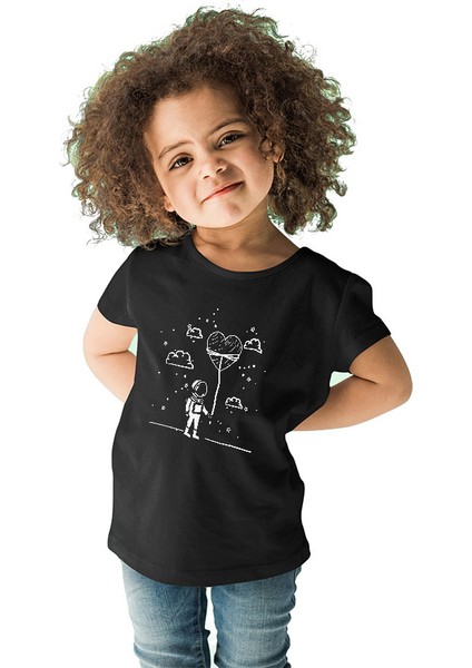 Kalpli Balon Tutan Astronot Siyah Unisex Çocuk Tişört T-Shirt fiyatları