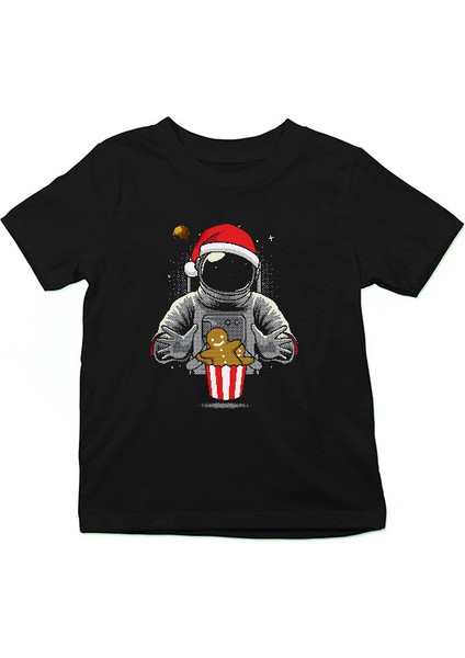 Yeni Yıl Yılbaşı Astronot Siyah Unisex Çocuk Tişört T-Shirt