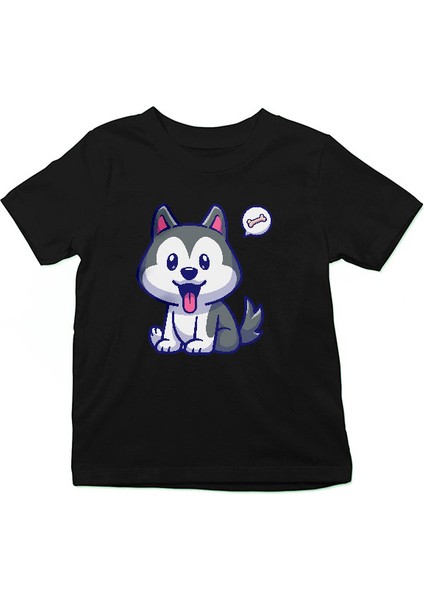 Yavru Şirin Sibirya Kurdu Husky Haski Siyah Unisex Çocuk Tişört T-Shirt