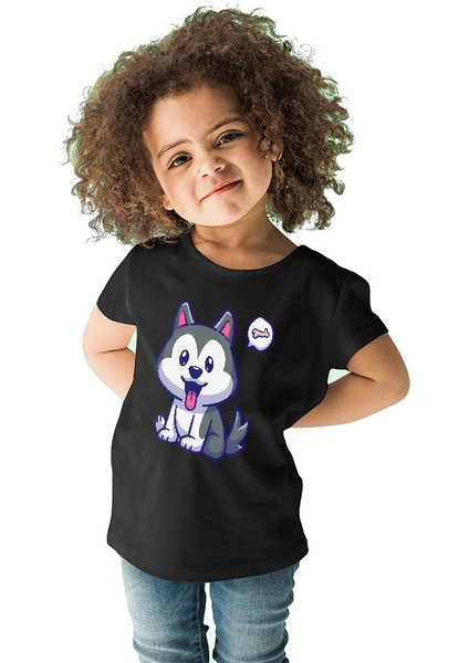 Yavru Şirin Sibirya Kurdu Husky Haski Siyah Unisex Çocuk Tişört T-Shirt fiyatları