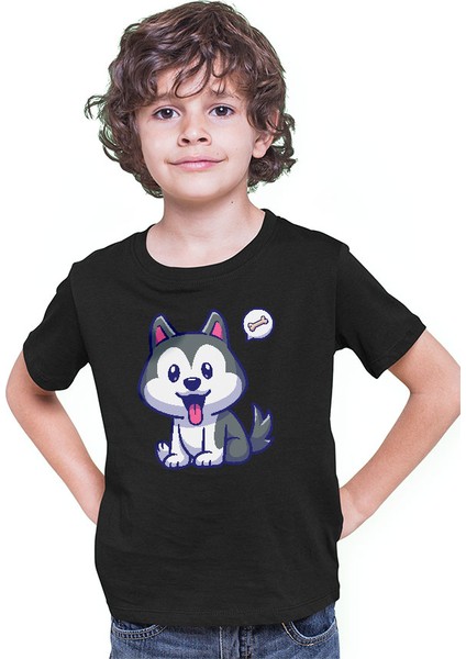 Yavru Şirin Sibirya Kurdu Husky Haski Siyah Unisex Çocuk Tişört T-Shirt modelleri