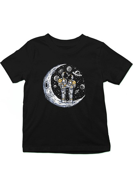 Ay Üstünde Flört Eden Astronotlar Siyah Unisex Çocuk Tişört T-Shirt