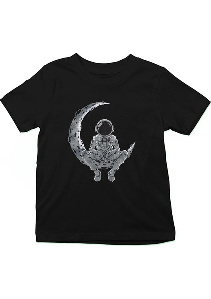 Ayda Dinlenen Astronot Siyah Unisex Çocuk Tişört T-Shirt