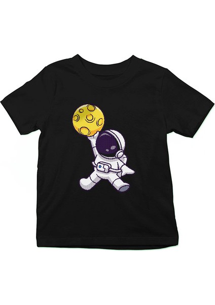 Sevimli Basketbolcu Astronot Siyah Unisex Çocuk Tişört T-Shirt