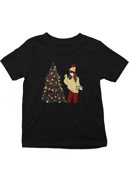 Fashion Girl Noel Christmas Siyah Unisex Çocuk Tişört T-Shirt