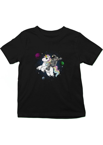 Unicorn ve Astronot Siyah Unisex Çocuk Tişört T-Shirt