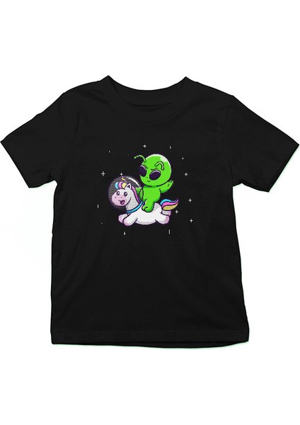 Şirin Unicorn ve Alien Siyah Unisex Çocuk Tişört T-Shirt