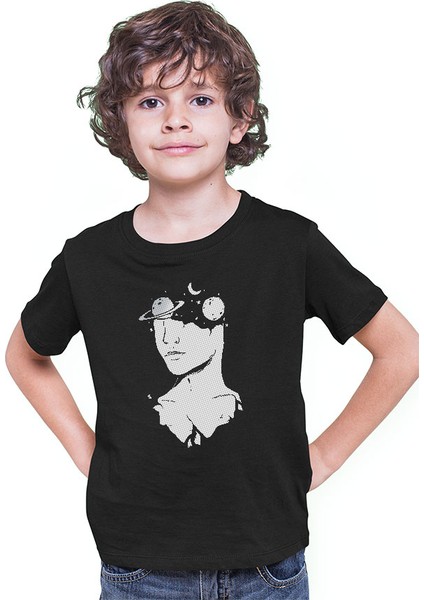 Zihin ve Uzay Siyah Unisex Çocuk Tişört T-Shirt modelleri