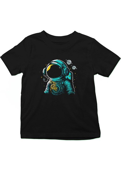 Maskot Astronot Siyah Unisex Çocuk Tişört T-Shirt
