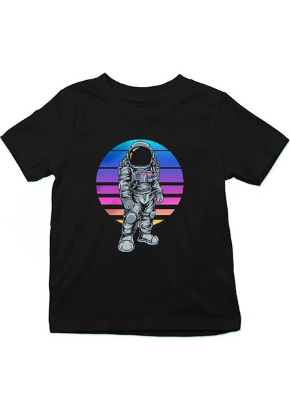 Retro Astronot Siyah Unisex Çocuk Tişört T-Shirt