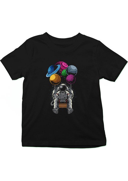 Gezegenlerde Sallanan Astronot Siyah Unisex Çocuk Tişört T-Shirt
