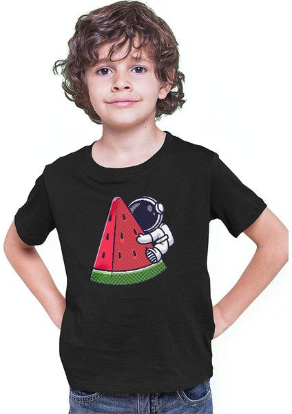 Karpuz Dilimi ve Sevimli Astronot Siyah Unisex Çocuk Tişört T-Shirt