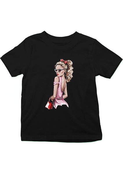 Pembe Elbise Fashion Moda Siyah Unisex Çocuk Tişört T-Shirt