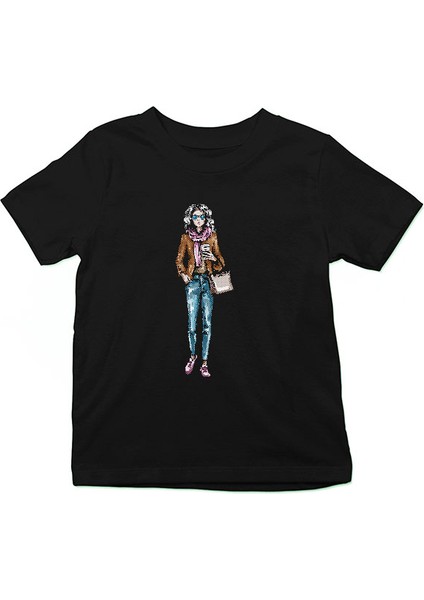 Tarz Kız Siyah Unisex Çocuk Tişört T-Shirt
