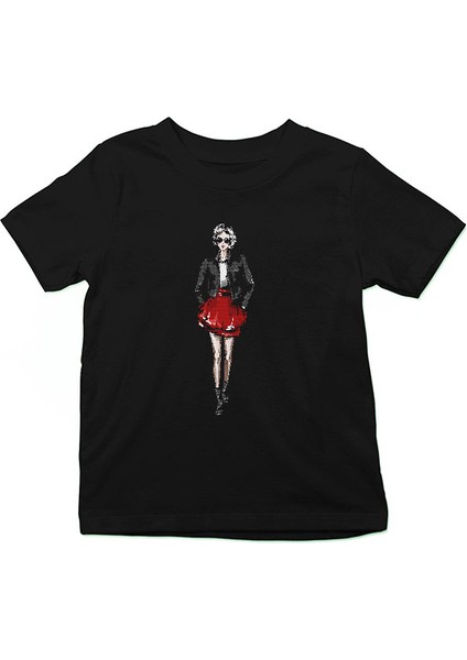 Tarz Kız Kırmızı Etek Siyah Unisex Çocuk Tişört T-Shirt