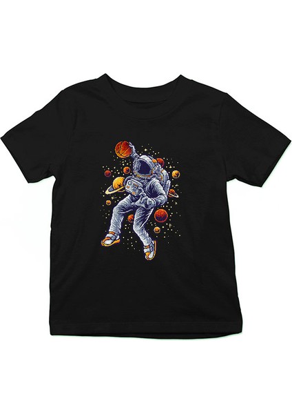 Smaç Vuran Astronot Siyah Unisex Çocuk Tişört T-Shirt