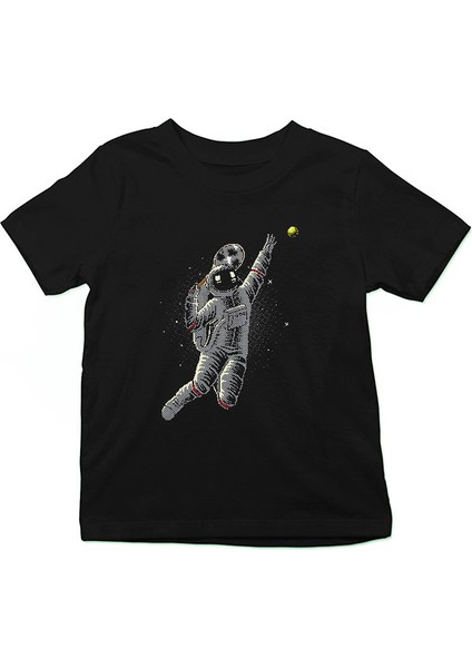 Tenis Oynayan Astronot Siyah Unisex Çocuk Tişört T-Shirt