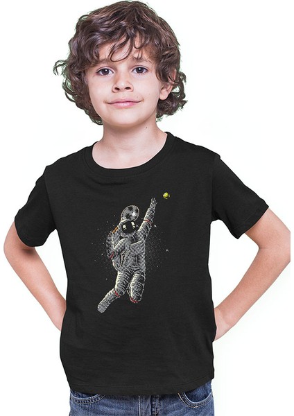 Tenis Oynayan Astronot Siyah Unisex Çocuk Tişört T-Shirt