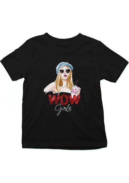 Wow Girls Fashion Siyah Unisex Çocuk Tişört T-Shirt