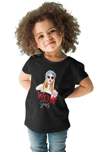 Wow Girls Fashion Siyah Unisex Çocuk Tişört T-Shirt