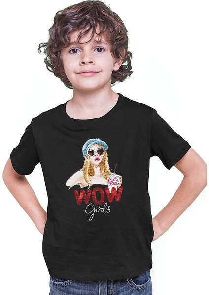 Wow Girls Fashion Siyah Unisex Çocuk Tişört T-Shirt