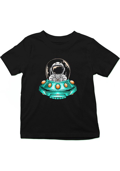 Uzay Gemisi Kullanan Astronot Siyah Unisex Çocuk Tişört T-Shirt