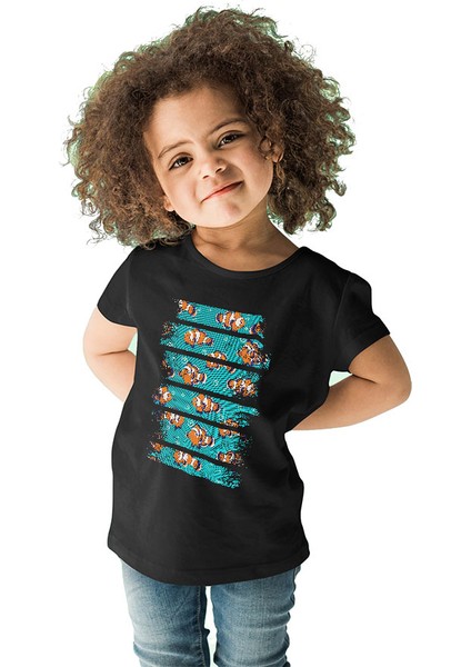 Palyaço Nemo Balığı Siyah Unisex Çocuk Tişört T-Shirt