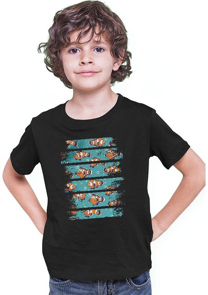 Palyaço Nemo Balığı Siyah Unisex Çocuk Tişört T-Shirt