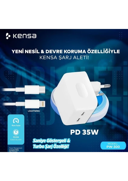 Şarj Cihazı Yeni Nesil Çift Type-C Çıkışlı 35 W . 35 W Başlık + Lighting (İphone Kablo )