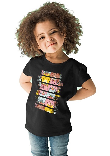 Unicorn Hamsterlar Siyah Unisex Çocuk Tişört T-Shirt