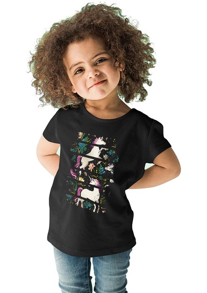 Unicorn Siyah Unisex Çocuk Tişört T-Shirt