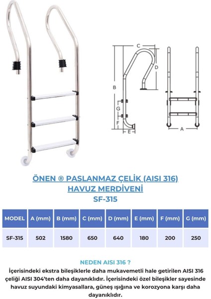 Aısı 316 Çelik Havuz Merdiveni SF-315 Model