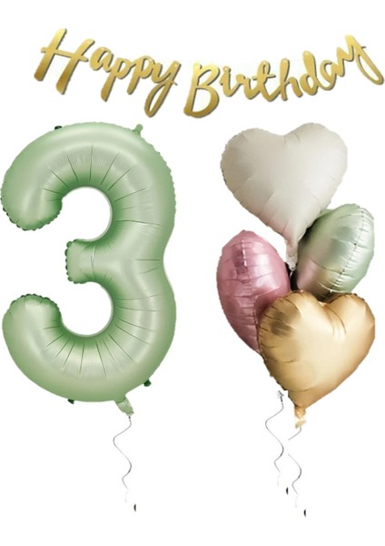 Su Yeşili Renk Rakam Kalp Balon Happy Bırthday Yazılı Doğum Günü Seti Yaş 3