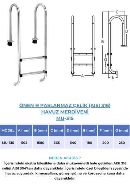 Aısı 316 Çelik Havuz Merdiveni MU-315 Model