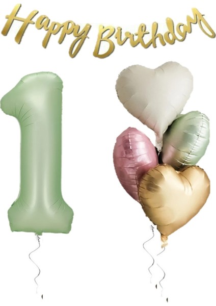 Su Yeşili Renk Rakam Kalp Balon Happy Bırthday Yazılı Doğum Günü Seti Yaş 1