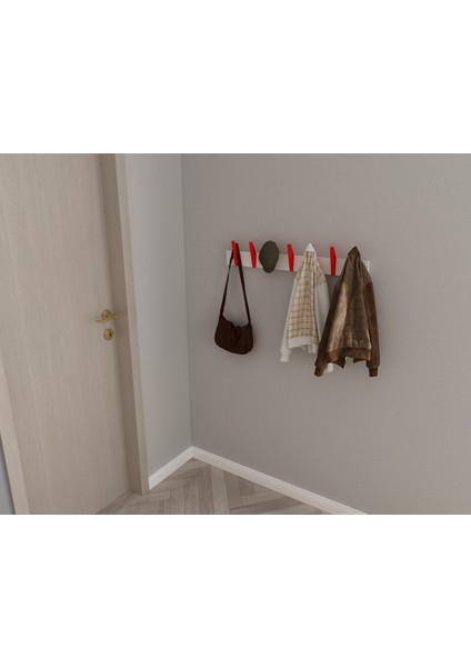 Modern Duvar Kanca Askılık - 7 Adet Kırmızı Askılık - 80 cm Beyaz Mdflam - Model 104