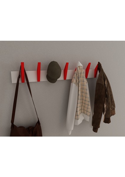 Modern Duvar Kanca Askılık - 7 Adet Kırmızı Askılık - 80 cm Beyaz Mdflam - Model 104 modelleri