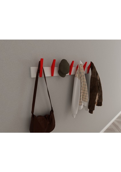Modern Duvar Kanca Askılık - 7 Adet Kırmızı Askılık - 80 cm Beyaz Mdflam - Model 104 indirimleri